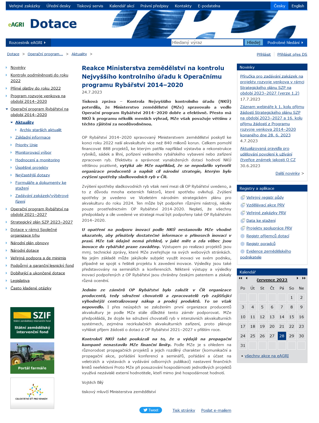 Reakce Ministerstva zemědělství na kontrolu Nejvyššího kontrolního úřadu k Operačnímu programu Rybářství 2014–2020